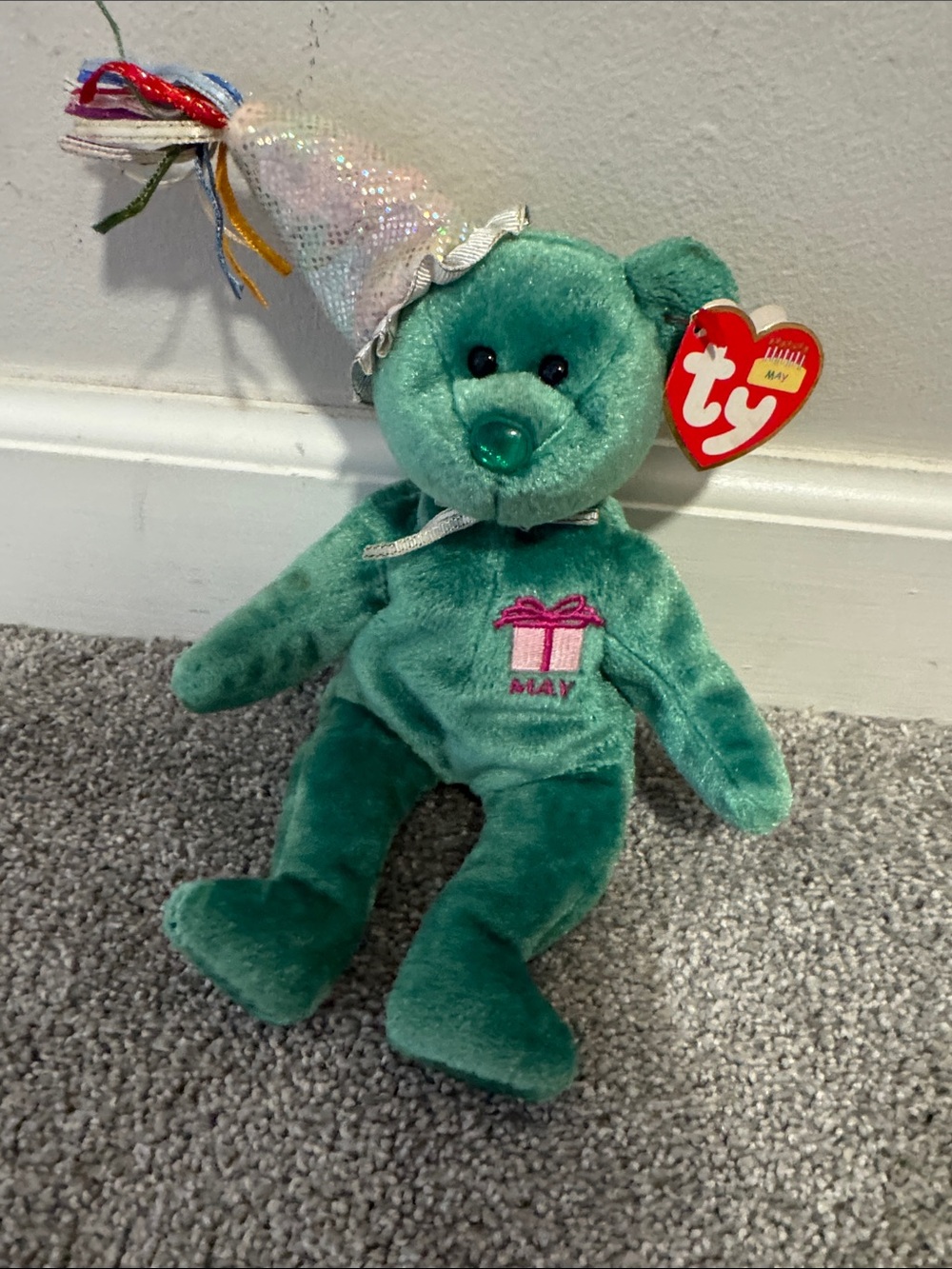 Ty Plush Bear May in Teal with Party Hat